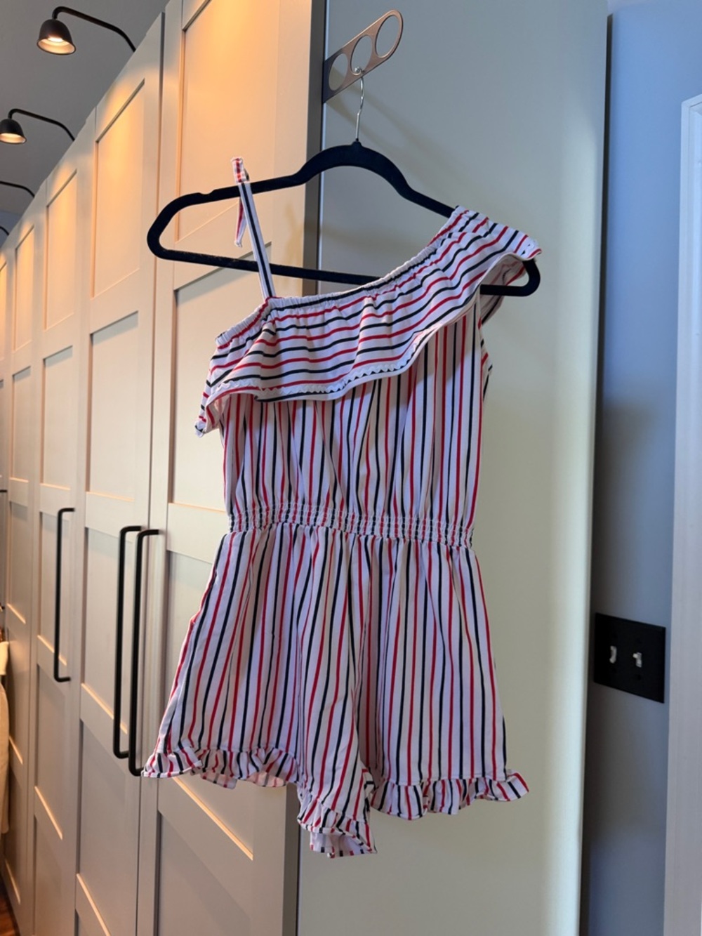 JANIE & JACK One-Shoulder Striped Romper in White, Red & Navy - Picture 3 of 3
